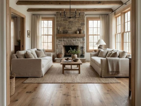 Después: salón reformado con suelo de madera, chimenea de piedra y decoración en tonos neutros